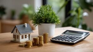 casa con calcolatrice e monete sul tavolo