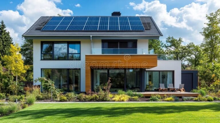 casa moderna con pannelli solari e giardino