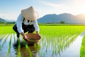 coltivatore che lavora in campo verde
