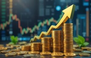 grafici di crescita finanziaria con monete oro