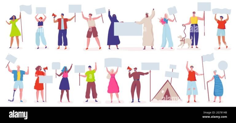 manifestazione pacifica con persone e striscioni