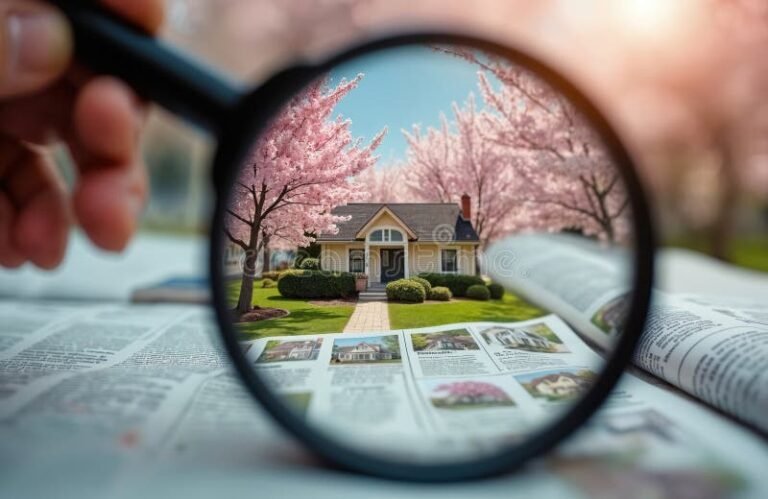 persona che esamina cataloghi immobiliari con lente