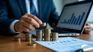 Come Investire Con Pochi Soldi e Ottenere Buoni Rendimenti 1 persona che investe con monete e laptop